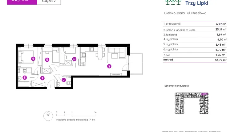 Rzut - Mieszkanie na sprzedaż 4 pokoje o powierzchni 56,79 m² - numer 2.B.1.01 w Murapol Trzy Lipki etap II