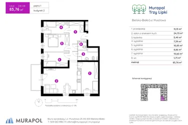 Rzut - Mieszkanie na sprzedaż 5 pokoi o powierzchni 83,73 m² - numer 2.B.1.08 w Murapol Trzy Lipki etap II