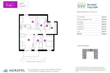 Rzut - Mieszkanie na sprzedaż 4 pokoje o powierzchni 77,87 m² - numer 2.B.1.13 w Murapol Trzy Lipki etap II