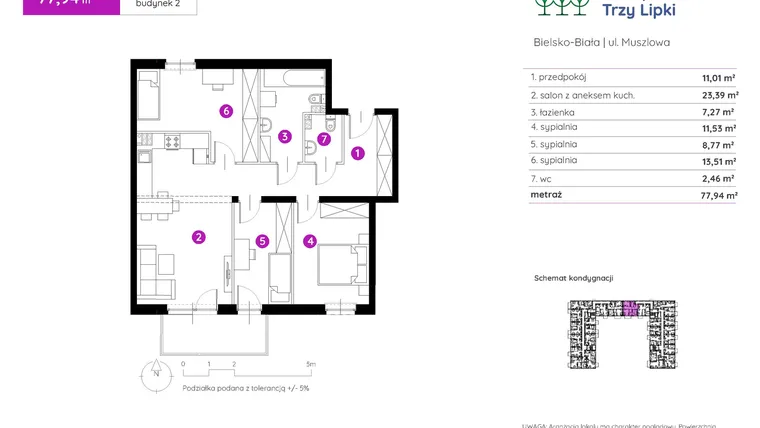 Rzut - Mieszkanie na sprzedaż 4 pokoje o powierzchni 77,87 m² - numer 2.B.1.13 w Murapol Trzy Lipki etap II