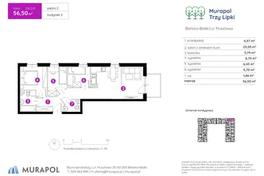 Rzut - Mieszkanie na sprzedaż 4 pokoje o powierzchni 57 m² - numer 2.B.2.01 w Murapol Trzy Lipki etap II