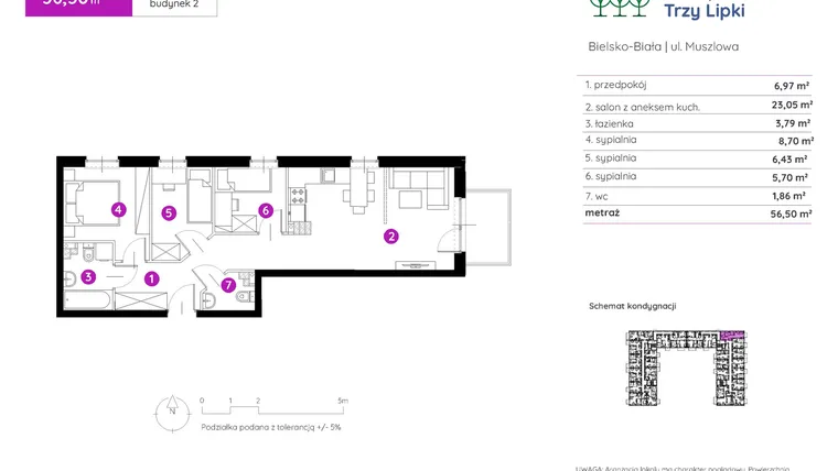 Rzut - Mieszkanie na sprzedaż 4 pokoje o powierzchni 57 m² - numer 2.B.2.01 w Murapol Trzy Lipki etap II