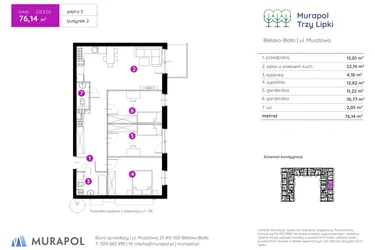 Rzut - Mieszkanie na sprzedaż 2 pokoje o powierzchni 75,99 m² - numer 2.B.3.03 w Murapol Trzy Lipki etap II
