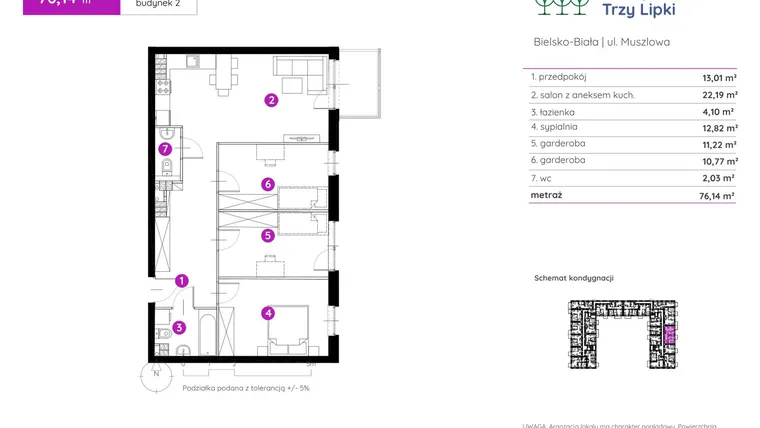 Rzut - Mieszkanie na sprzedaż 2 pokoje o powierzchni 75,99 m² - numer 2.B.3.03 w Murapol Trzy Lipki etap II