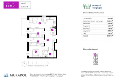 Rzut - Mieszkanie na sprzedaż 4 pokoje o powierzchni 64,64 m² - numer 3.A.1.08 w Murapol Trzy Lipki etap II