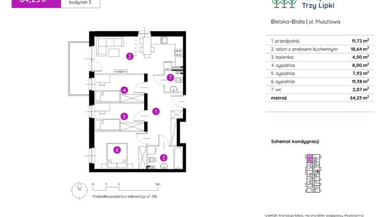 Rzut - Mieszkanie na sprzedaż 4 pokoje o powierzchni 64,64 m² - numer 3.A.1.08 w Murapol Trzy Lipki etap II