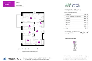 Rzut - Mieszkanie na sprzedaż 4 pokoje o powierzchni 64,64 m² - numer 3.A.1.08 w Murapol Trzy Lipki etap II