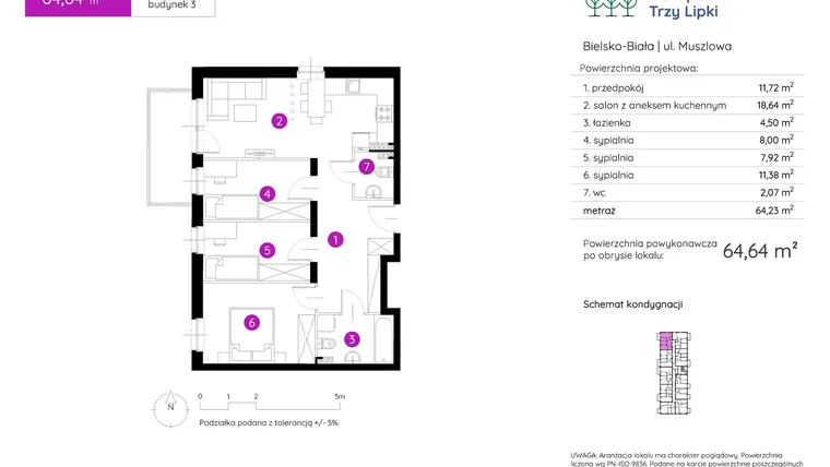 Rzut - Mieszkanie na sprzedaż 4 pokoje o powierzchni 64,64 m² - numer 3.A.1.08 w Murapol Trzy Lipki etap II