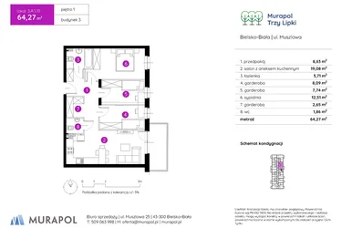 Rzut - Mieszkanie na sprzedaż 2 pokoje o powierzchni 64,35 m² - numer 3.A.1.10 w Murapol Trzy Lipki etap II