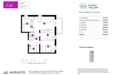 Rzut - Mieszkanie na sprzedaż 4 pokoje o powierzchni 67,82 m² - numer 3.A.1.09 w Murapol Trzy Lipki etap II