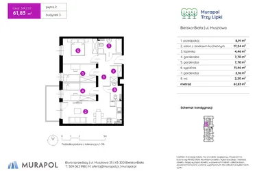 Rzut - Mieszkanie na sprzedaż 2 pokoje o powierzchni 62,3 m² - numer 3.A.2.07 w Murapol Trzy Lipki etap II