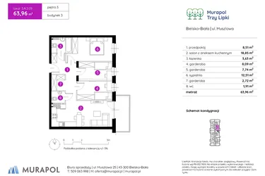 Rzut - Mieszkanie na sprzedaż 2 pokoje o powierzchni 64,28 m² - numer 3.A.3.09 w Murapol Trzy Lipki etap II