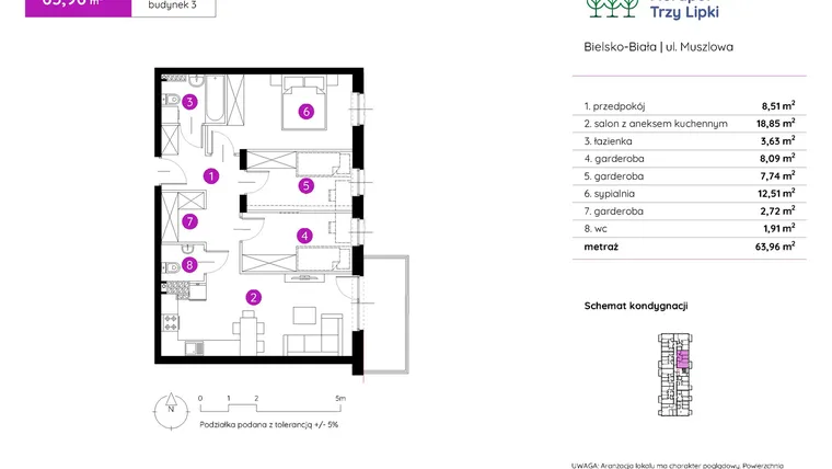 Rzut - Mieszkanie na sprzedaż 2 pokoje o powierzchni 64,28 m² - numer 3.A.3.09 w Murapol Trzy Lipki etap II