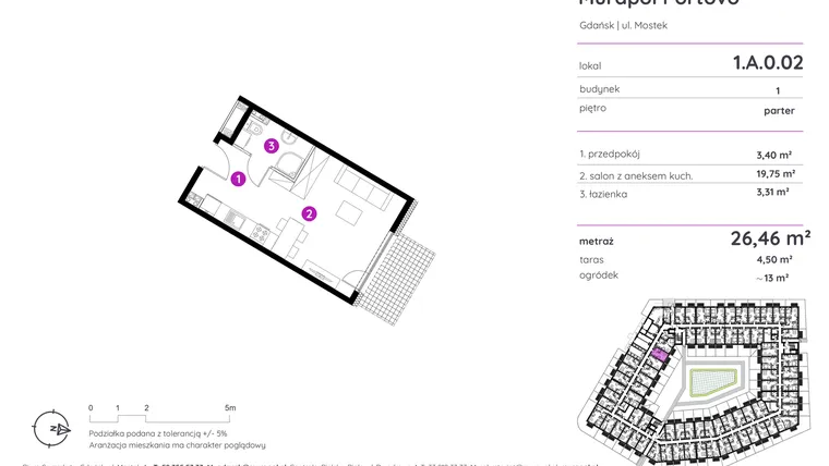 Rzut - Mieszkanie na sprzedaż 1 pokój o powierzchni 26,46 m² - numer 1.A.0.02 w Murapol Portovo etap II