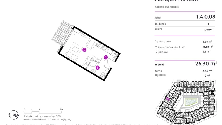Rzut - Mieszkanie na sprzedaż 1 pokój o powierzchni 26,3 m² - numer 1.A.0.08 w Murapol Portovo etap II