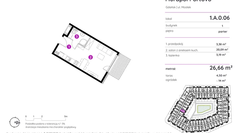 Rzut - Mieszkanie na sprzedaż 1 pokój o powierzchni 26,66 m² - numer 1.A.0.06 w Murapol Portovo etap II