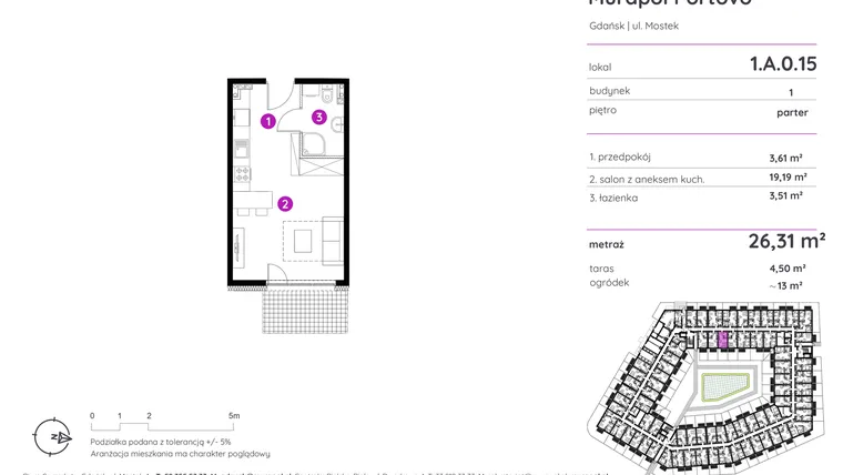 Rzut - Mieszkanie na sprzedaż 1 pokój o powierzchni 26,31 m² - numer 1.A.0.15 w Murapol Portovo etap II