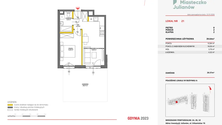 Rzut - Mieszkanie na sprzedaż 2 pokoje o powierzchni 39,49 m² - numer 21 w Miasteczko Julianów