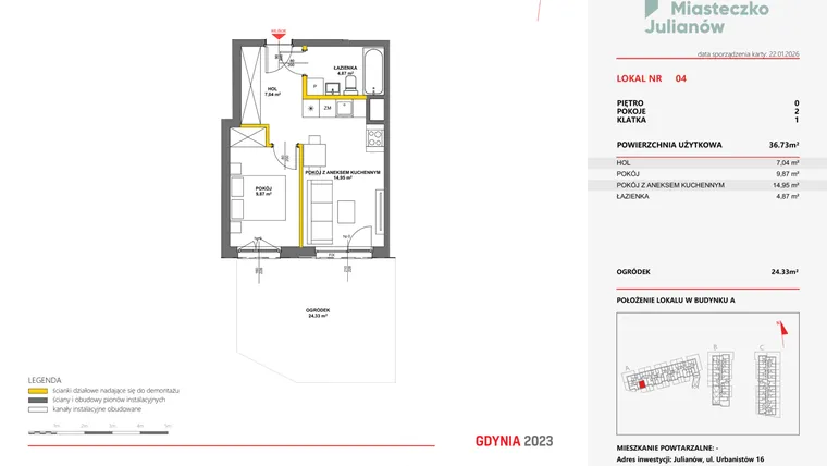 Rzut - Mieszkanie na sprzedaż 2 pokoje o powierzchni 36,52 m² - numer 4 w Miasteczko Julianów