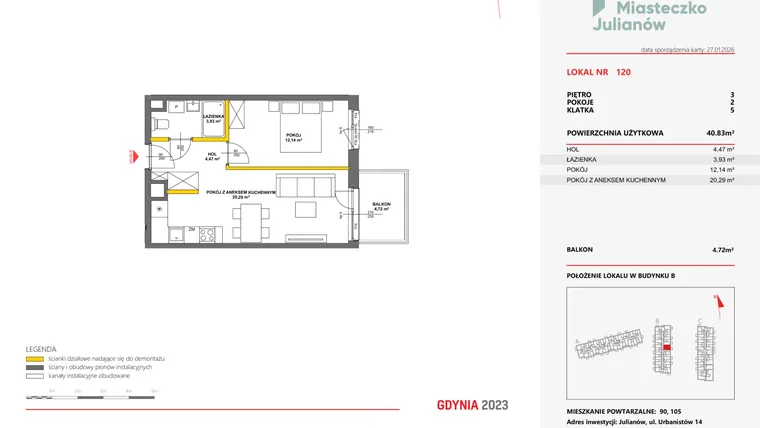 Rzut - Mieszkanie na sprzedaż 2 pokoje o powierzchni 40,57 m² - numer 120 w Miasteczko Julianów
