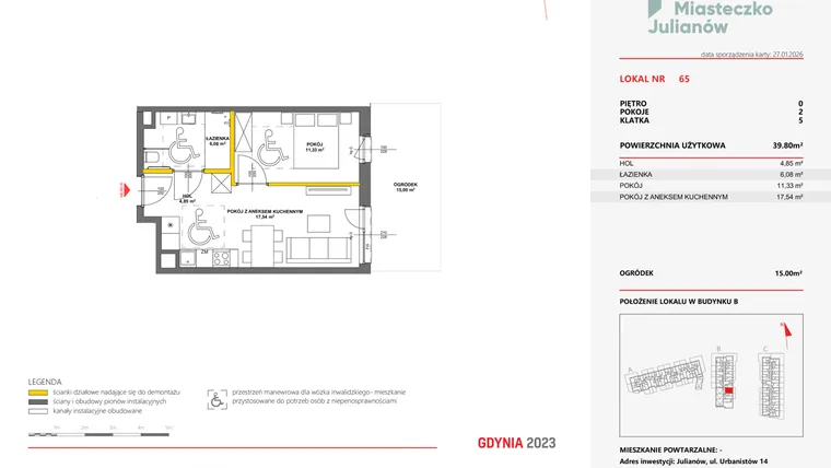 Rzut - Mieszkanie na sprzedaż 2 pokoje o powierzchni 39,73 m² - numer 65 w Miasteczko Julianów