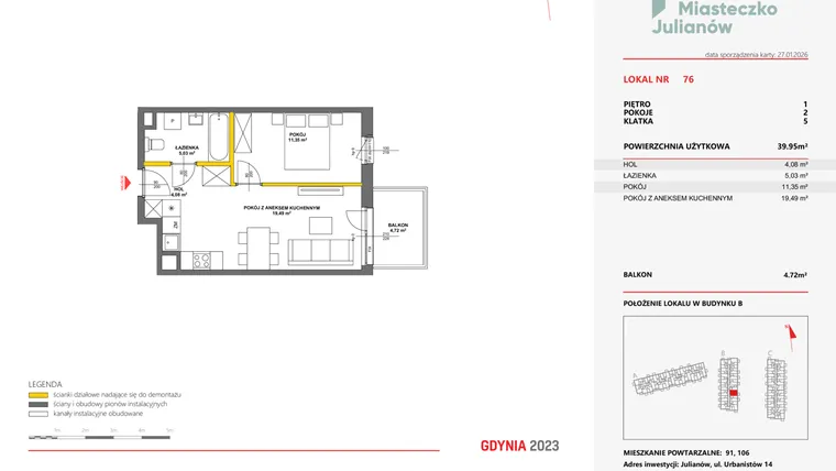 Rzut - Mieszkanie na sprzedaż 2 pokoje o powierzchni 39,87 m² - numer 76 w Miasteczko Julianów