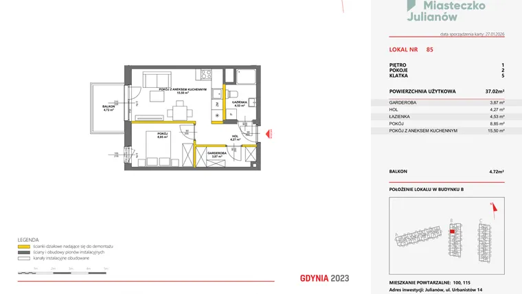 Rzut - Mieszkanie na sprzedaż 2 pokoje o powierzchni 36,78 m² - numer 85 w Miasteczko Julianów
