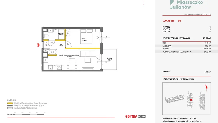 Rzut - Mieszkanie na sprzedaż 2 pokoje o powierzchni 40,69 m² - numer 90 w Miasteczko Julianów