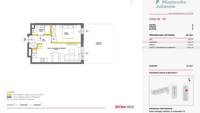 Rzut - Mieszkanie na sprzedaż 2 pokoje o powierzchni 39,31 m² - numer 127 w Miasteczko Julianów