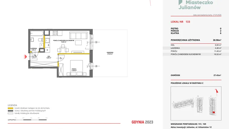 Rzut - Mieszkanie na sprzedaż 2 pokoje o powierzchni 39,02 m² - numer 133 w Miasteczko Julianów