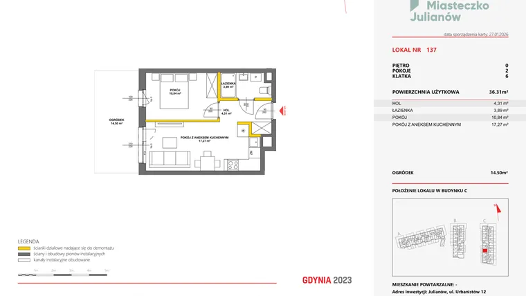 Rzut - Mieszkanie na sprzedaż 2 pokoje o powierzchni 36,22 m² - numer 137 w Miasteczko Julianów