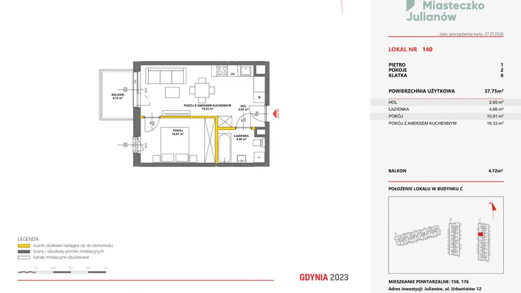 Rzut - Mieszkanie na sprzedaż 2 pokoje o powierzchni 37,65 m² - numer 140 w Miasteczko Julianów