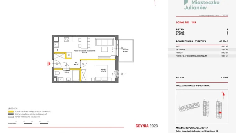 Rzut - Mieszkanie na sprzedaż 2 pokoje o powierzchni 40,58 m² - numer 149 w Miasteczko Julianów