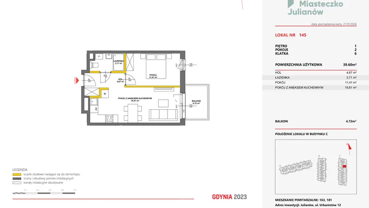 Rzut - Mieszkanie na sprzedaż 2 pokoje o powierzchni 39,64 m² - numer 145 w Miasteczko Julianów