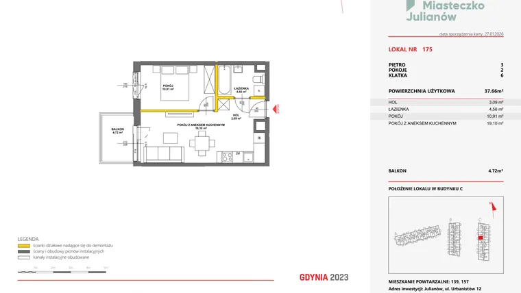 Rzut - Mieszkanie na sprzedaż 2 pokoje o powierzchni 37,61 m² - numer 175 w Miasteczko Julianów