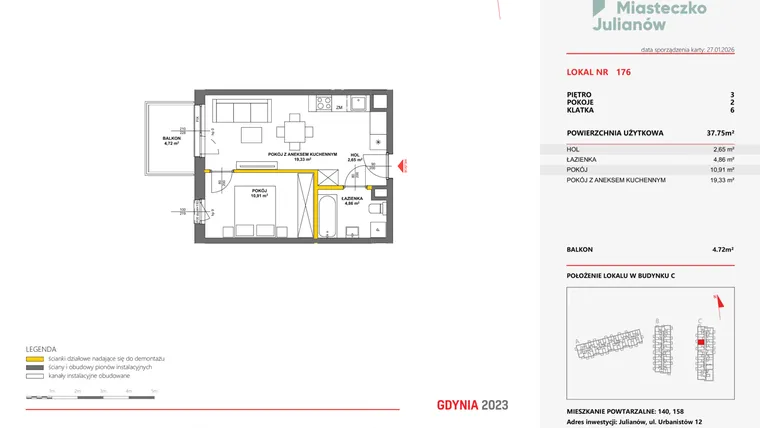 Rzut - Mieszkanie na sprzedaż 2 pokoje o powierzchni 37,69 m² - numer 176 w Miasteczko Julianów