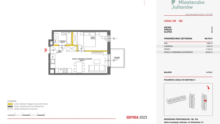 Rzut - Mieszkanie na sprzedaż 2 pokoje o powierzchni 40,48 m² - numer 182 w Miasteczko Julianów