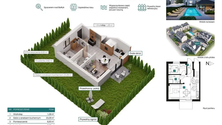 Rzut - Mieszkanie na sprzedaż 2 pokoje o powierzchni 34,72 m² - numer D2/1 w Bałtycka Oaza