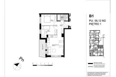 Rzut - Mieszkanie na sprzedaż 3 pokoje o powierzchni 55,68 m² - numer B1 w Apartamenty Kopernika - etap II