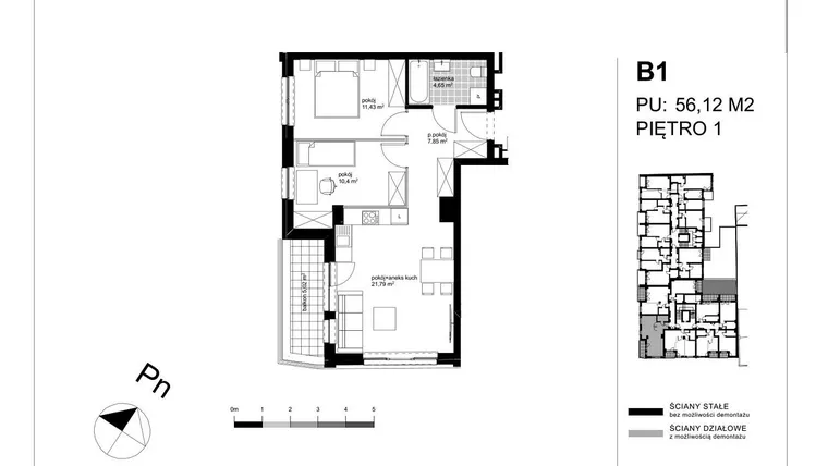 Rzut - Mieszkanie na sprzedaż 3 pokoje o powierzchni 55,68 m² - numer B1 w Apartamenty Kopernika - etap II