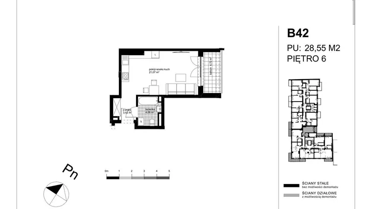 Rzut - Mieszkanie na sprzedaż 1 pokój o powierzchni 27,67 m² - numer B42 w Apartamenty Kopernika - etap II