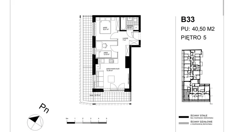 Rzut - Mieszkanie na sprzedaż 3 pokoje o powierzchni 40,29 m² - numer B33 w Apartamenty Kopernika - etap II