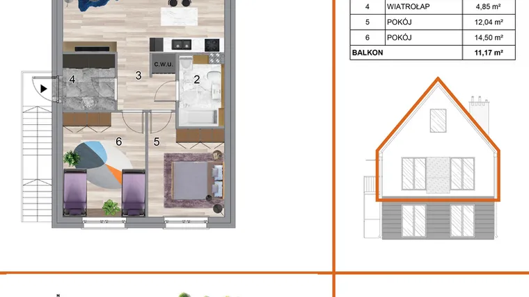 Rzut - Mieszkanie na sprzedaż 3 pokoje o powierzchni 73,73 m² - numer 2A2 w Osiedle Tymiankowe w Krzeptowie