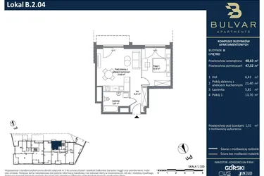 Rzut - Mieszkanie na sprzedaż 2 pokoje o powierzchni 47,32 m² - numer B.2.04 w Bulvar Apartments - etap II