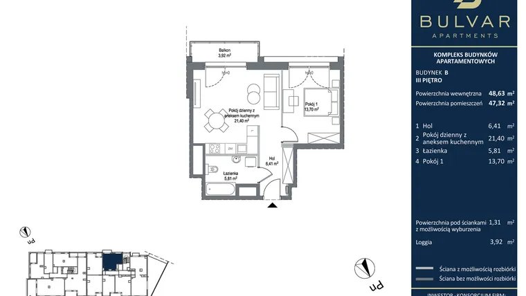 Rzut - Mieszkanie na sprzedaż 2 pokoje o powierzchni 47,32 m² - numer B.4.04 w Bulvar Apartments - etap II