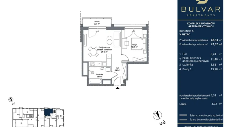 Rzut - Mieszkanie na sprzedaż 2 pokoje o powierzchni 47,32 m² - numer B.6.04 w Bulvar Apartments - etap II