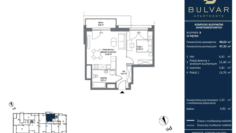 Rzut - Mieszkanie na sprzedaż 2 pokoje o powierzchni 47,32 m² - numer B.7.04 w Bulvar Apartments - etap II