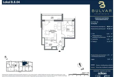 Rzut - Mieszkanie na sprzedaż 2 pokoje o powierzchni 47,32 m² - numer B.8.04 w Bulvar Apartments - etap II