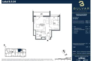 Rzut - Mieszkanie na sprzedaż 2 pokoje o powierzchni 47,32 m² - numer B.9.04 w Bulvar Apartments - etap II
