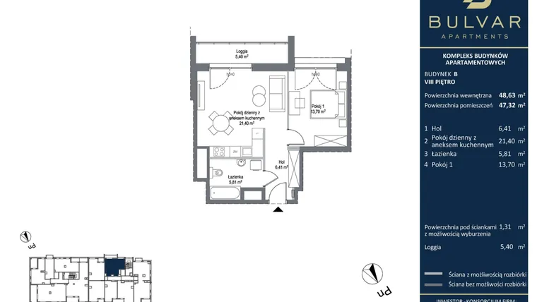 Rzut - Mieszkanie na sprzedaż 2 pokoje o powierzchni 47,32 m² - numer B.9.04 w Bulvar Apartments - etap II